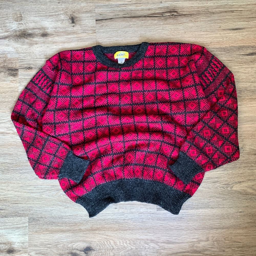 Vintage 80s Magnet Geometric Diamond Knit Crewneck Sweater - Red Grey - Medium
